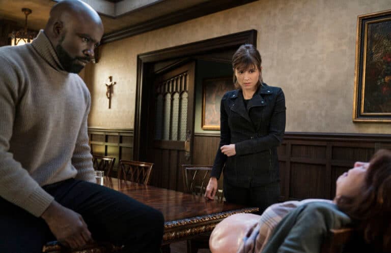 Aasif Mandvi as Ben Shakir, Katja Herbers as Kristen Bouchard and Mike Colter as David Acosta in ‘Evil’ season 1 episode 13 (Photo: Elizabeth Fisher © 2019 CBS Broadcasting, Inc)