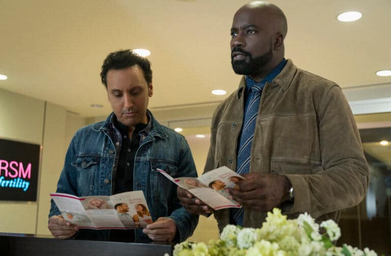 Aasif Mandvi as Ben Shakir and Mike Colter as David Acosta in season 1 episode 13 (Photo: Elizabeth Fisher © 2019 CBS Broadcasting, Inc)