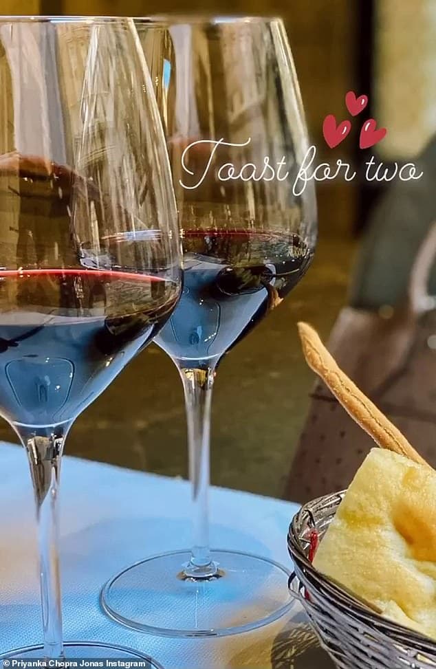 Italian lunch of bread and wine: Priyanka also uploaded a sweet snap to her Story of two glasses of red wine, with the caption 'toast for two' along with some hearts for Valentine's Day