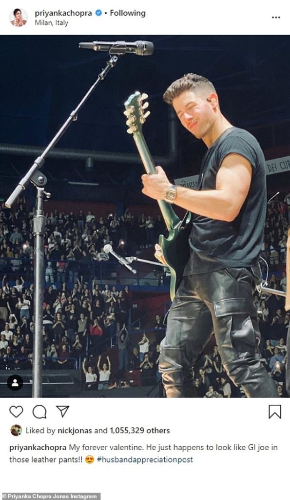 Valentine: Priyanka posted a smitten action shot from the stage of the Jonas Brothers' Milan show, with a buff looking Nick riffing on his electric guitar, for Valentine's Day