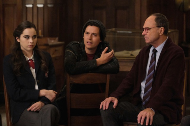 Riverdale -- "Chapter Seventy-Three: The Locked Room-" -- Image Number: RVD416a_0488b -- Pictured (L - R): Sarah Desjardins as Donna Sweet, Cole Sprouse as Jughead Jones and Malcolm Stewart as Francis Dupont -- Photo:Bettina Strauss/The CW -- © 2020 The CW Network, LLC. All Rights Reserved.