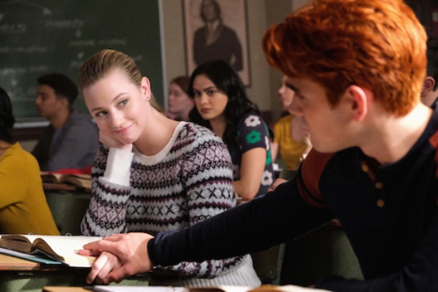 Riverdale -- "Chapter Seventy-Three: The Locked Room-" -- Image Number: RVD416b_0198b -- Pictured (L - R): Lili Reinhart as Betty Cooper, Camila Mendes as Veronica Lodge and KJ Apa as Archie Andrews -- Photo:Bettina Strauss/The CW -- © 2020 The CW Network, LLC. All Rights Reserved.
