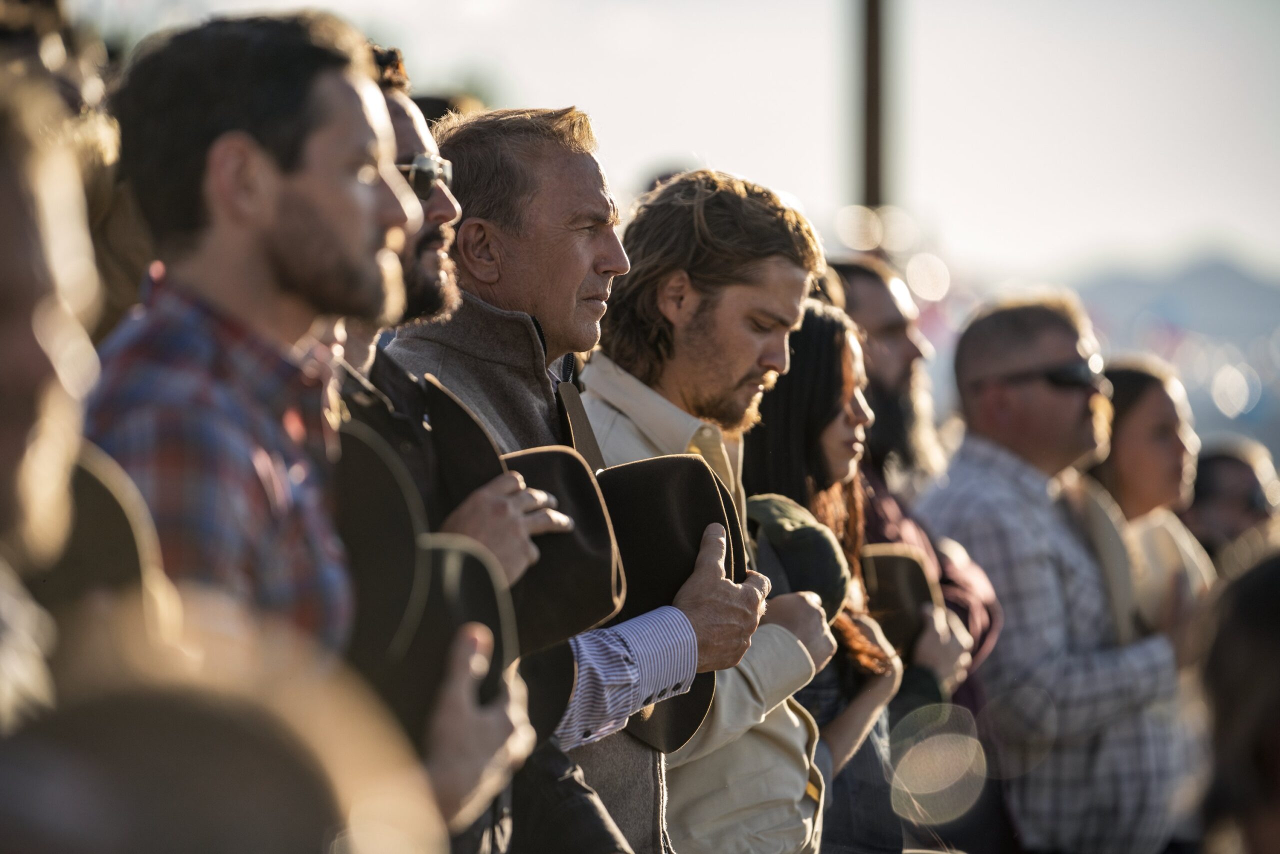 (L-R) Ian Bohen as Ryan, Cole Hauser as Rip Wheeler and Kevin Costner as John Dutton and Luke Grimes as Kayce Dutton. Episode 3 of Yellowstone