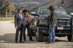 (L-R) Gil Birmingham as Thomas Rainwater, Moses Brings Plenty as Mo, and Kevin Costner as John Dutton. Episode 5 of Yellowstone Cowboys and Dreamers
