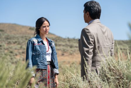 (L-R) Kelsey Asbille as Monica Dutton and Gil Birmingham as Thomas Rainwater season 3 Episode 6 of Yellowstone - “All for Nothing”