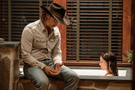 (L-R) Luke Grimes as Kayce Dutton and Kelsey Asbille as Monica Dutton. season 3 Episode 6 of Yellowstone - “All for Nothing”