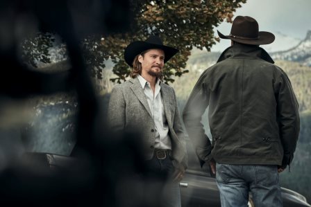 (L-R) Luke Grimes as Kayce Dutton and Kevin Costner as John Dutton. Episode 5 of Yellowstone - Cowboys and Dreamers