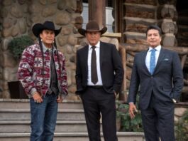 L-R) Moses Brings Plenty as Mo, Kevin Coster as John Dutton, and Gil Birmingham as Thomas Rainwater. Episode 5 of Yellowstone - Cowboys and Dreamers