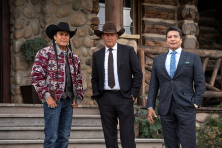 L-R) Moses Brings Plenty as Mo, Kevin Coster as John Dutton, and Gil Birmingham as Thomas Rainwater. Episode 5 of Yellowstone - Cowboys and Dreamers
