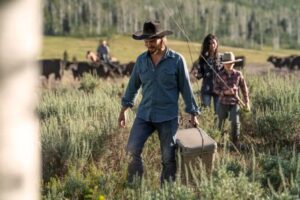 Yellowstone season 3 episode 4 - Going Back to Cali Luke Grimes as Kayce Dutton, Brecken Merrill as Tate Dutton and Kelsey Asbille as Monica Dutton.