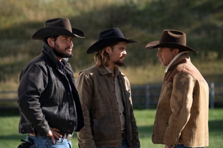 (L-R) Cole Hauser as Rip Wheeler, Luke Grimes as Kayce Dutton and Kevin Costner as John Dutton. Season 3 Episode 9 of Yellowstone