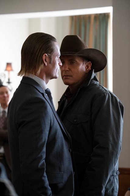 (L-R) Josh Holloway as Roarke Morris and Kevin Costner as John Dutton. The Season Three Finale of Yellowstone - “The World is Purple” Premieres August 23rd at 9 P.M. on Paramount Network.