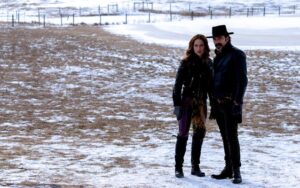 Wynonna Earp played by Melanie Scrofano and Doc Holliday, played by Tim Rozon, stars on Wynonna Earp Season 4 Episode 5