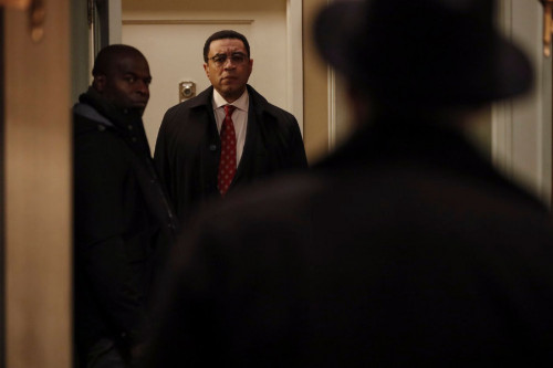 THE BLACKLIST -- "The Fribourg Confidence (#140)" Episode 805 -- (Pictured: (l-r) Hisham Tawfiq as Dembe Zuma, Harry Lennix as Harold Cooper, James Spader as Raymond "Red" Reddington -- (Photo by: Will Hart/NBC)
