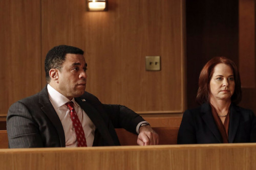 THE BLACKLIST -- "The Fribourg Confidence (#140)" Episode 805 -- (Pictured: (l-r) Harry Lennix as Harold Cooper, Deirdre Lovejoy as Cynthia Panabaker -- (Photo by: Will Hart/NBC)