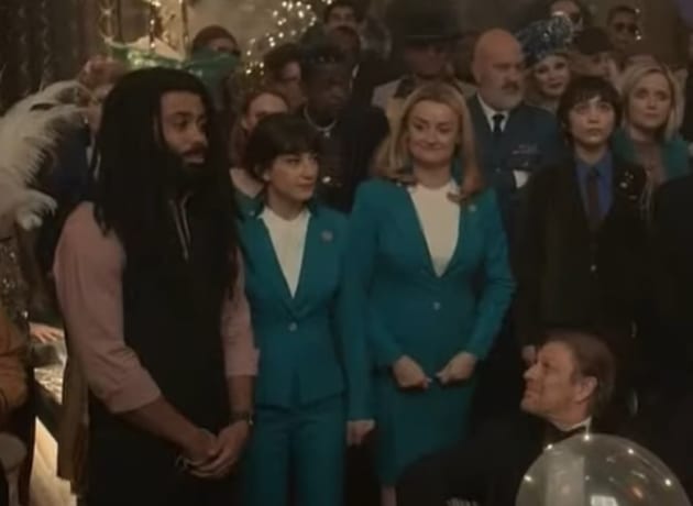 Snowpiercer Season 2 Episode 4 Layton (Daveed Diggs), with Zarah (Sheila Vand) and Ruth (Alison Wright) welcome Wilford (Sean Bean) Photos