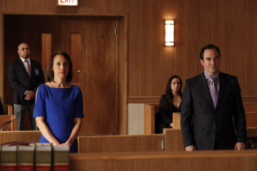 THE BLACKLIST -- "The Fribourg Confidence (#140)" Episode 805 -- (Pictured: (l-r) Stephanie Janssen as Ausa Navarro, Roger Bart as Scooter Rovenpor -- (Photo by: Will Hart/NBC)
