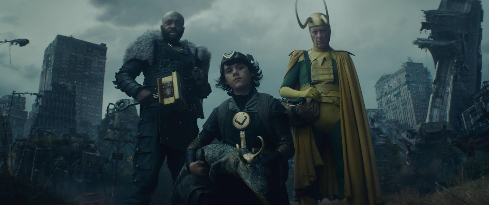 Loki season 5 (L-R): Boastful Loki (DeObia Oparei), Kid Loki (Jack Veal), Alligator Loki and Classic Loki (Richard E. Grant) in Marvel Studios' LOKI, exclusively on Disney+. Photo courtesy of Marvel Studios. ©Marvel Studios 2021. All Rights Reserved.