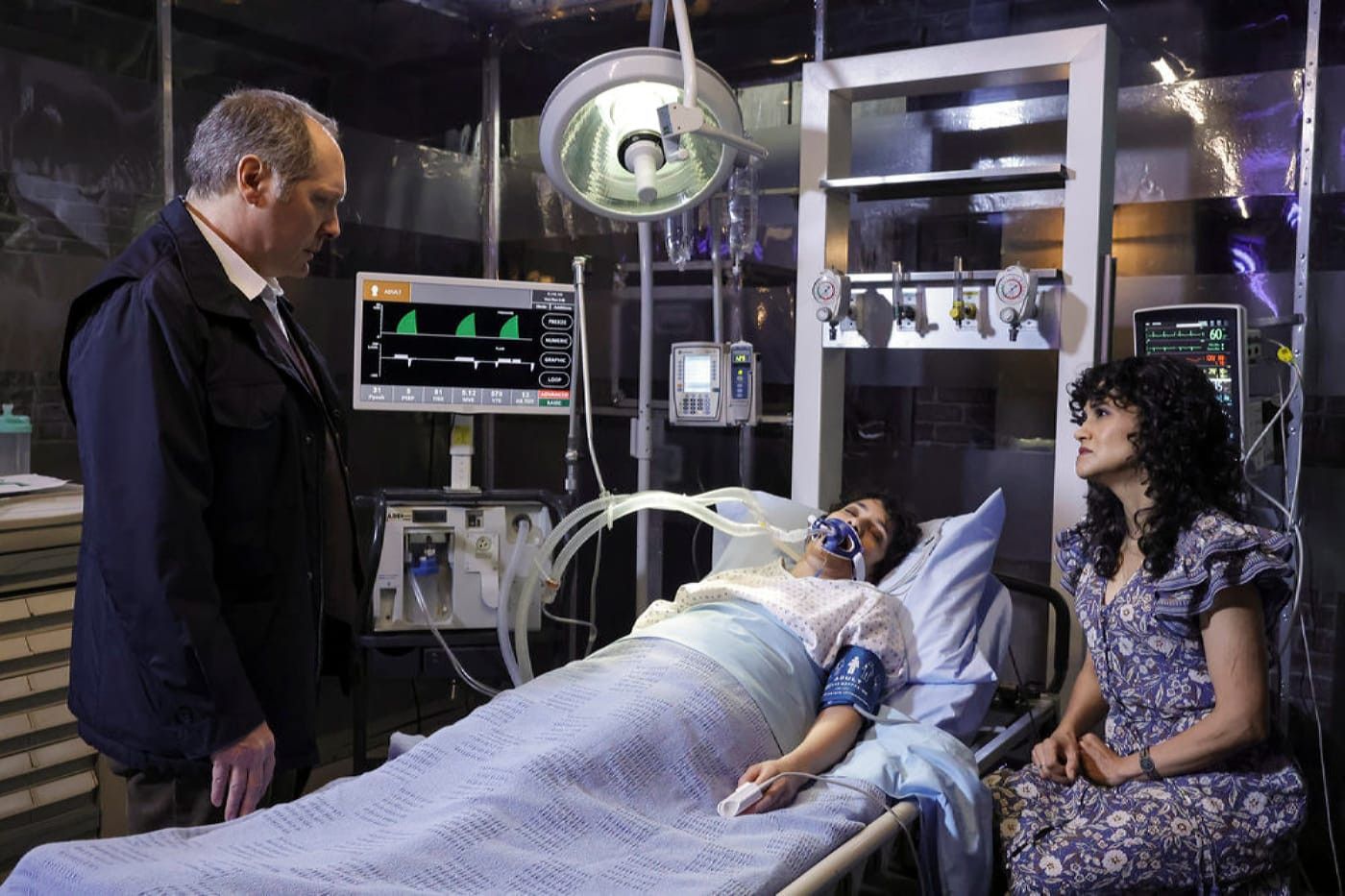 THE BLACKLIST Season 9 Epiosde 21 James Spader as Red , Weecha and her sister in the hospital
