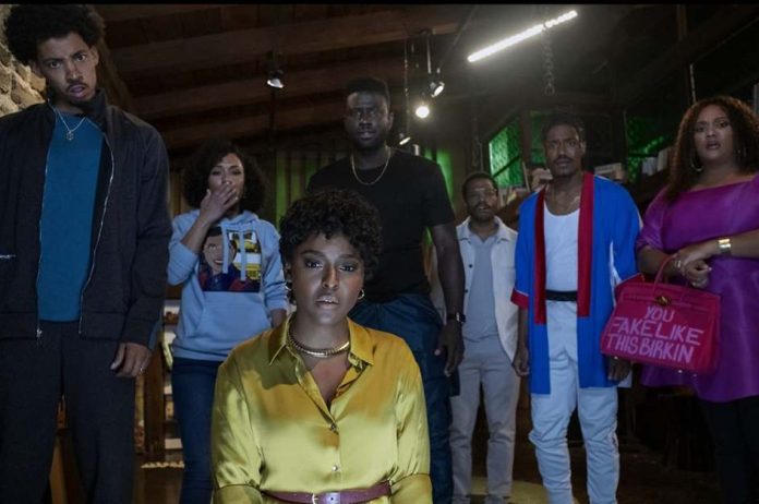 Jermaine Fowler, Sinqua Walls, Antoinette Robertson, Dewayne Perkins, Melvin Gregg, X Mayo, and Grace Byers in The Blackening Movie