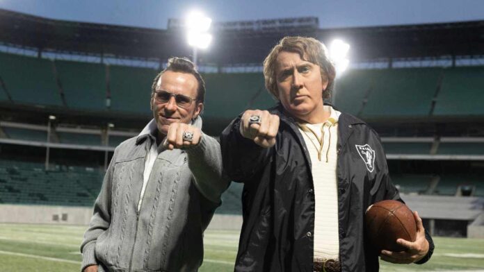 Christian Bale as Al Davis and Nicolas Cage as John Madden in Madden