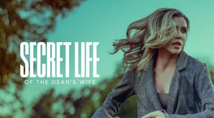 Kate Watson in a university office setting from Secret Life of the Dean’s Wife, filmed in Los Angeles.