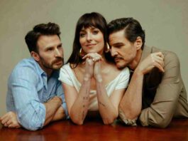 Pedro Pascal, Chris Evans, and Dakota Johnson in Materialists (2025)