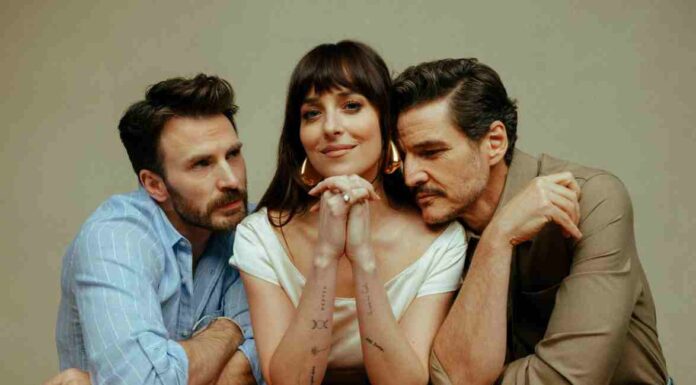Pedro Pascal, Chris Evans, and Dakota Johnson in Materialists (2025)
