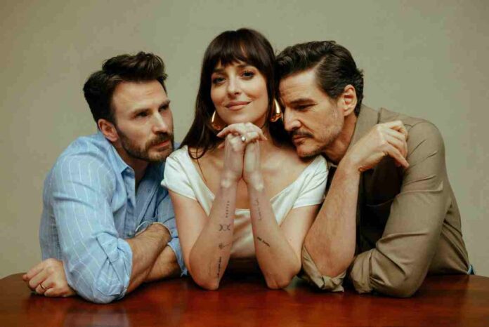 Pedro Pascal, Chris Evans, and Dakota Johnson in Materialists (2025) Pedro Pascal, Chris Evans, and Dakota Johnson in Materialists (2025)